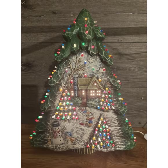 Rare Ceramic Christmas Tree 17.5” Cabin Scene Snowman Lighted 147 Lights Lamp - Picture 2 of 15